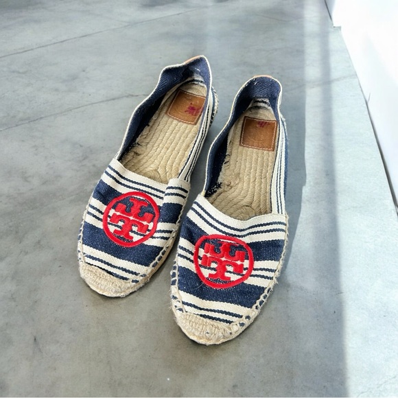 Tory Burch Shoes - Tory Burch “Double T” Navy Striped Espadrilles with Red Logo